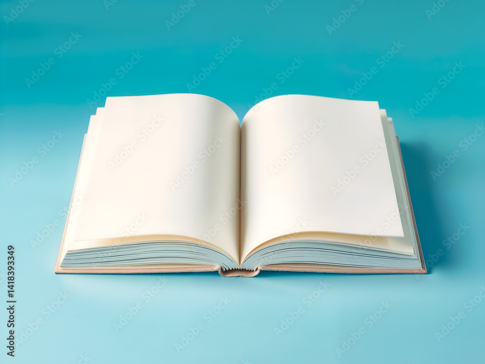 Open book with blank pages on blue gradient background, perfect for education, reading, or knowledge themes. Generative AI