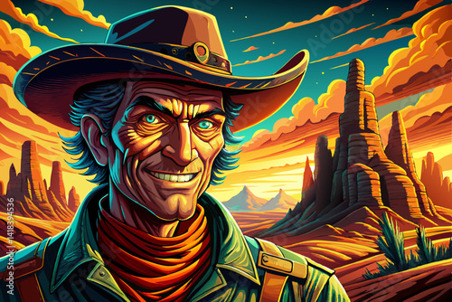 Landscape Sunset illustration of a cowboy smile portrait in the desert