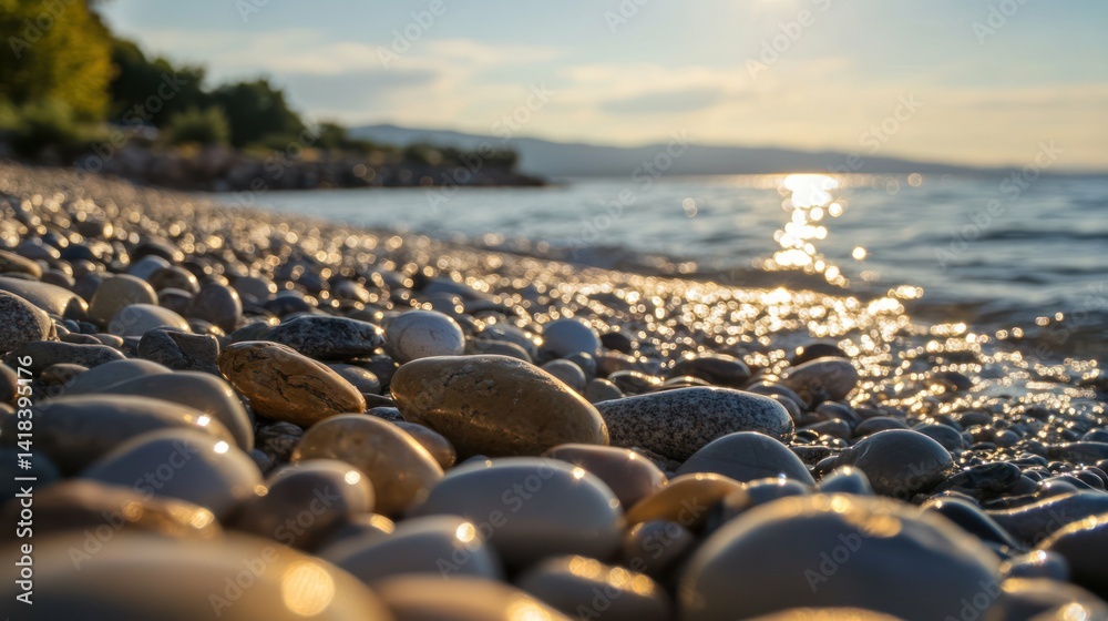 Obraz premium Smooth pebbles on a beach at sunset with sun reflecting on the water.