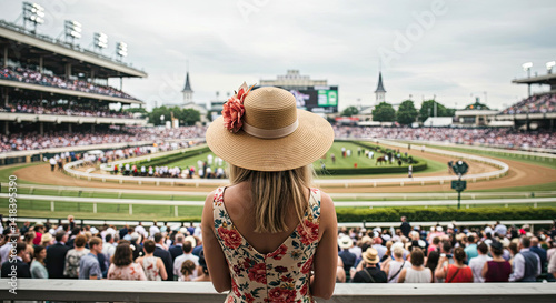 Woman watching horse race Kentucky Derby event Churchill Downs crowd