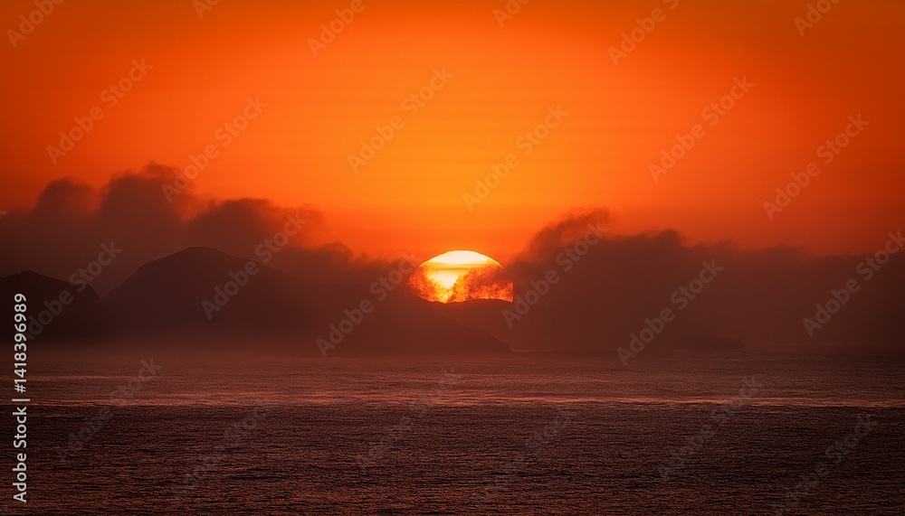 Sun rising over the ocean with dramatic golden light from smoke haze during bush fire Sun rising over the ocean with dramatic golden light from smoke haze during bush fire