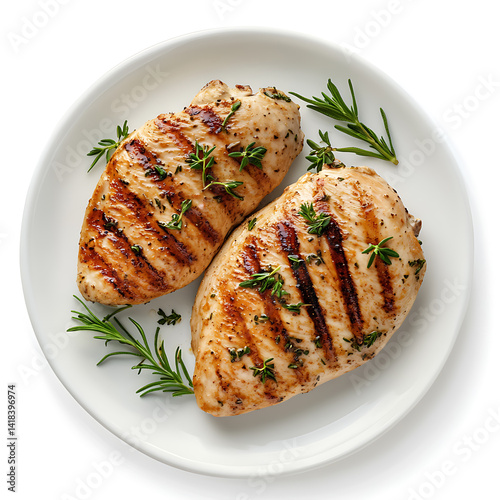 Grilled chicken breast with seared marks and herb seasoning, isolated white background, realistic painting style