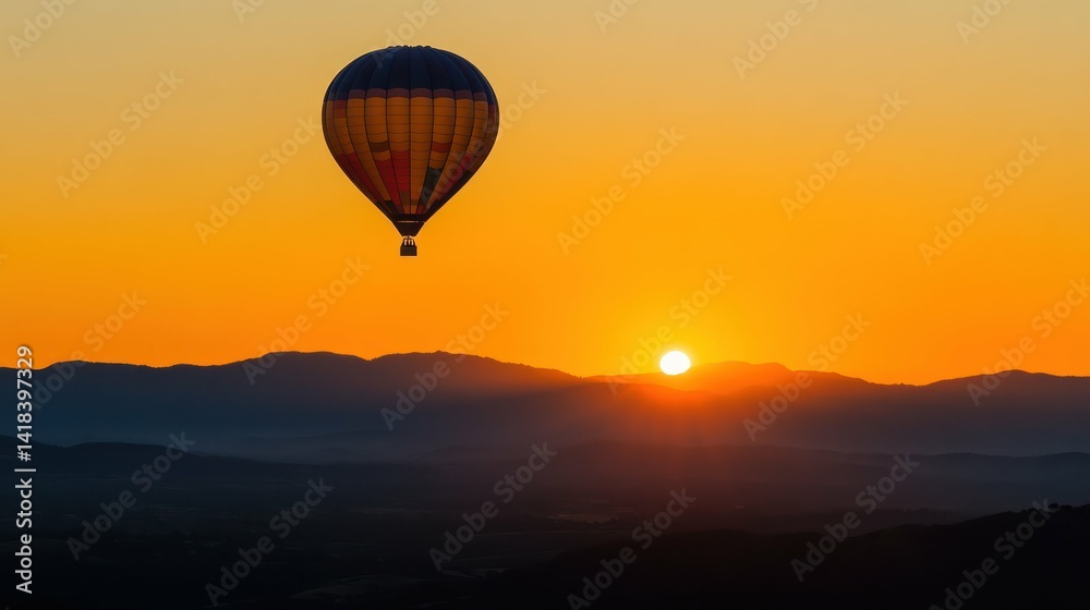 Naklejka premium Hot air balloon floats over silhouetted mountains at sunrise. Golden landscape.
