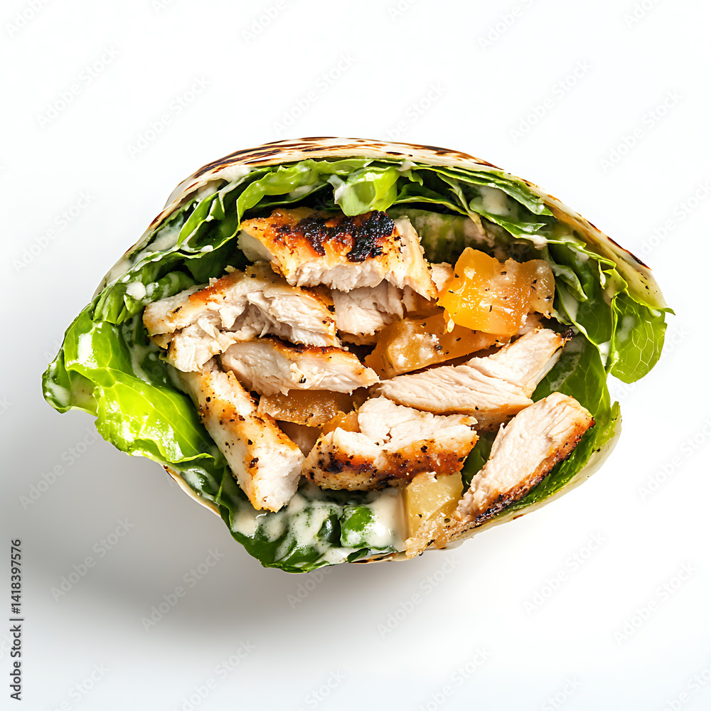 Grilled chicken Caesar wrap, isolated white background, modern art style Grilled chicken Caesar wrap, isolated white background, modern art style