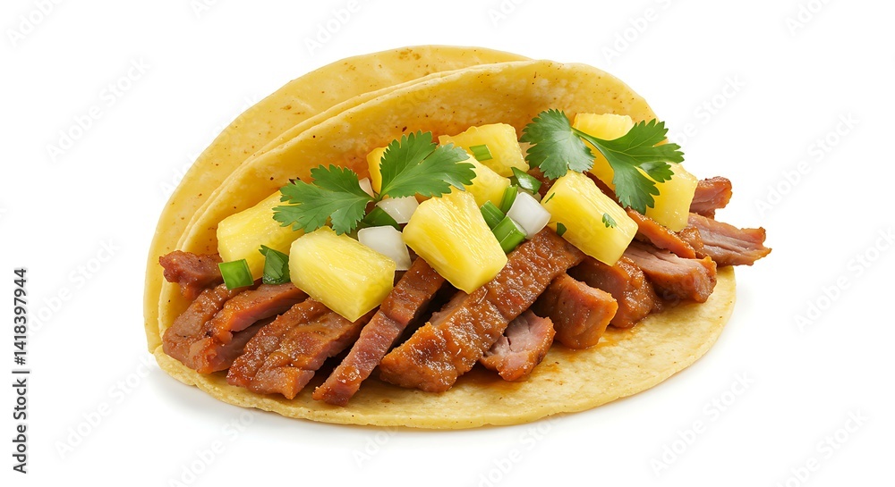 Taco al pastor on a white background. Mexican food