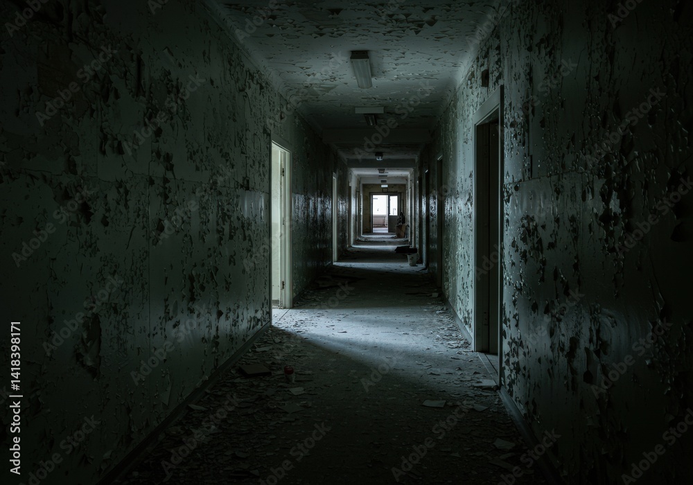 A haunting, long hallway of an abandoned building with peeling paint and dim lighting. A haunting, long hallway of an abandoned building with peeling paint and dim lighting.