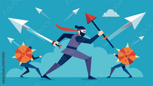 Participants must use their quick reflexes and sharp focus to dodge virtual arrows and shurikens as they make their way through a perilous course.. Vector illustration