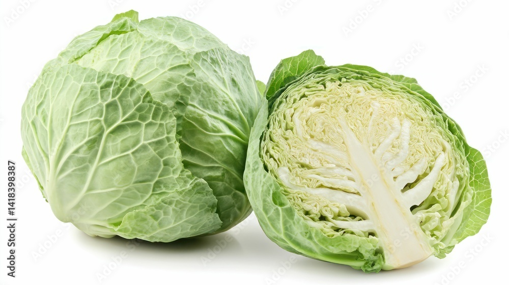 Fototapeta premium A close-up of a fresh whole and halved green cabbage on a white backdrop.