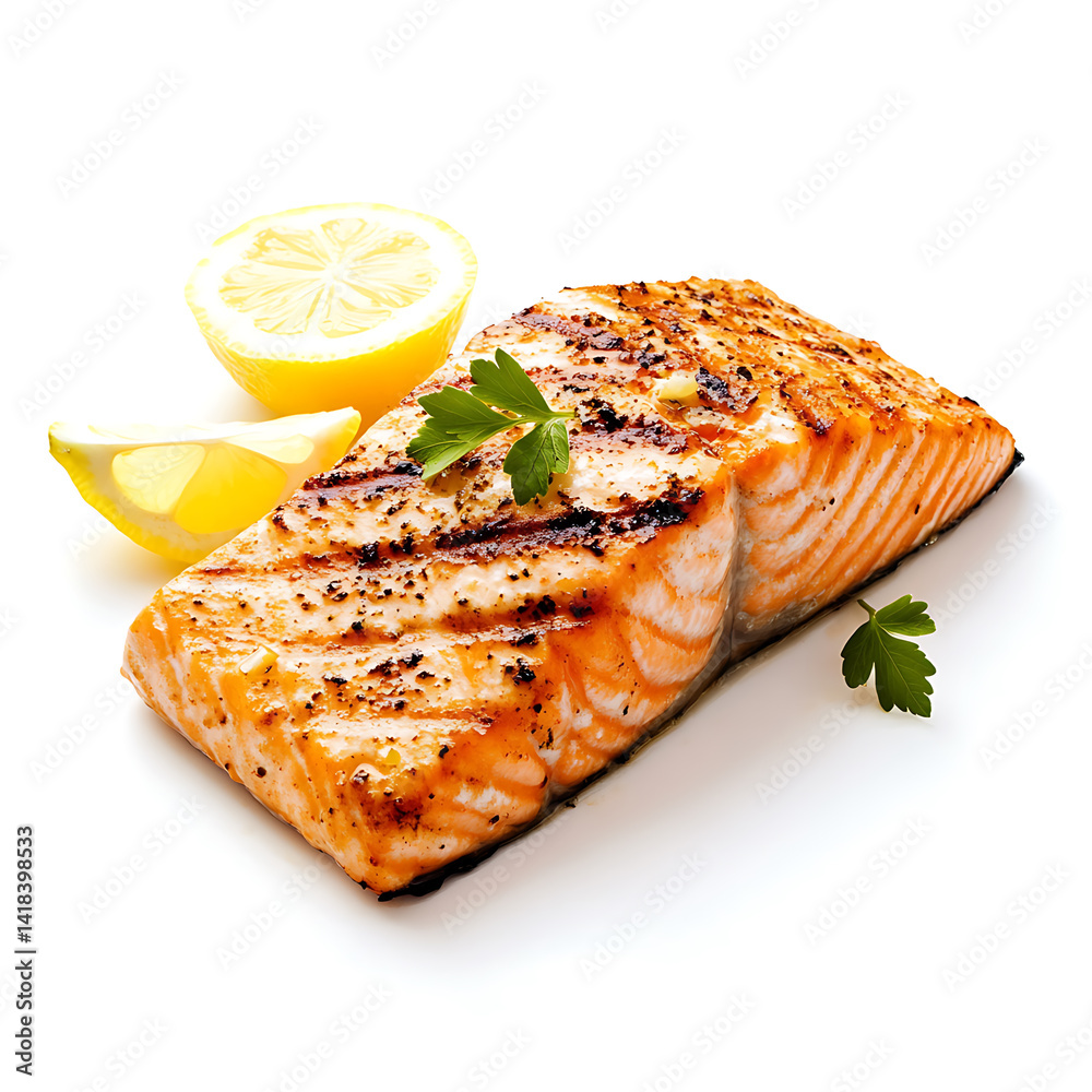 Grilled salmon fillet with lemon wedges, isolated white background, modern art style Grilled salmon fillet with lemon wedges, isolated white background, modern art style