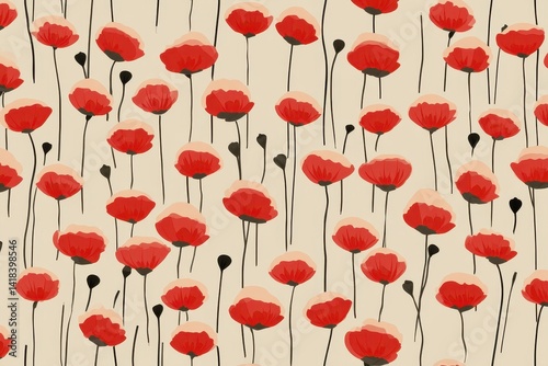 Seamless pattern of red flower illustrations on a beige background with black stems and accents, creating a vibrant floral design.