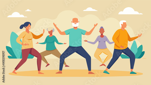 A class of older adults moving mindfully and with intention in their Tai Chi practice.. Vector illustration