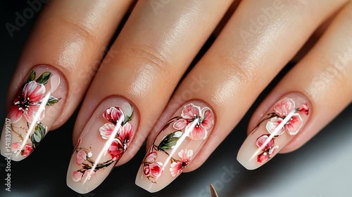 Floral nail art design on long nails