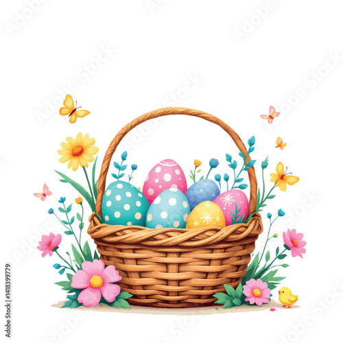 Vsai wicker basket brimming with colorful easter eggs and spring flowers