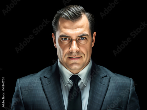 Man in suit with intense lighting, mysterious and cinematic atmosphere, ideal for business, crime, or noir themes. Generative AI photo