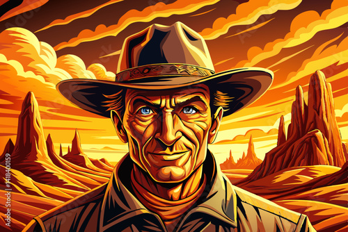 Landscape Sunset illustration of a cowboy smile portrait in the desert