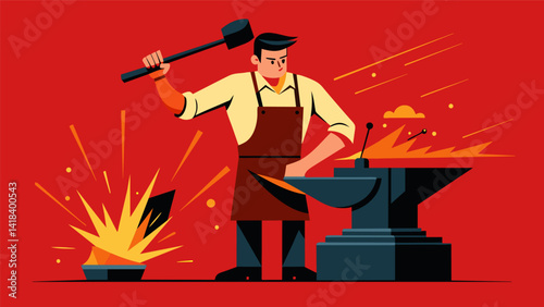 A blacksmith hammering away at redhot metal sparks flying as he forges a beautifully detailed ironwork.. Vector illustration