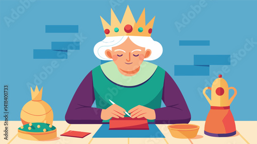 An older woman sits at a table carefully constructing intricate crowns and headdresses for the wise men to wear.. Vector illustration