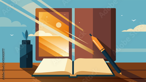 A serene morning ritual begins with opening a thick leatherbound journal ink pen resting on the cover as the sunlight streams through the window.. Vector illustration
