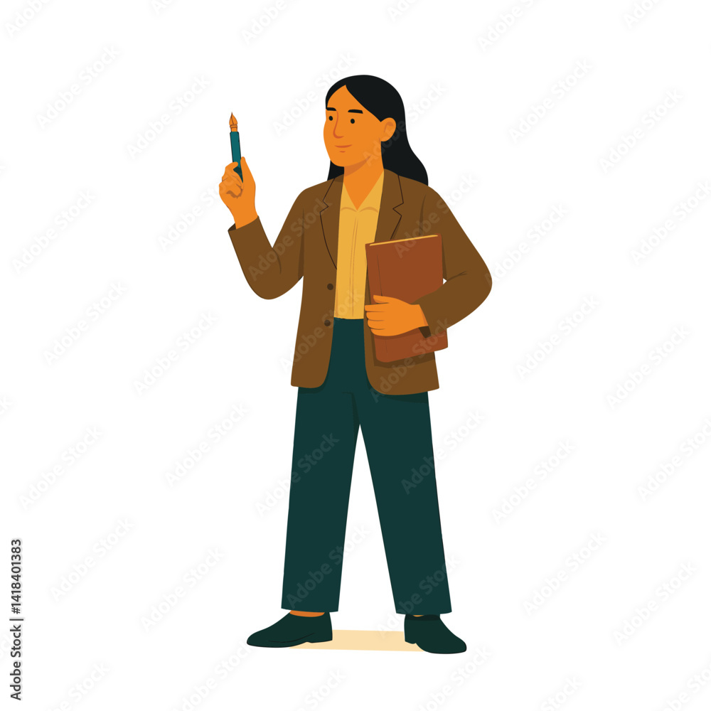Flat style female teacher or speaker character holding pen and notebook – vector illustration for education, seminars, and presentations Flat style female teacher or speaker character holding pen and notebook – vector illustration for education, seminars, and presentations