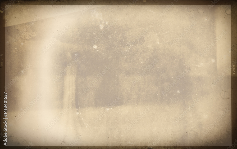 Vintage sepia photo lens wet plate template with strong dust, splatters and scratches on transparent background (png image). Useful for design, vintage film effects, and backgrounds
