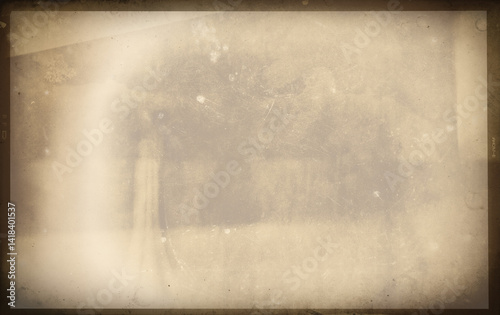 Vintage sepia photo lens wet plate template with strong dust, splatters and scratches on transparent background (png image). Useful for design, vintage film effects, and backgrounds