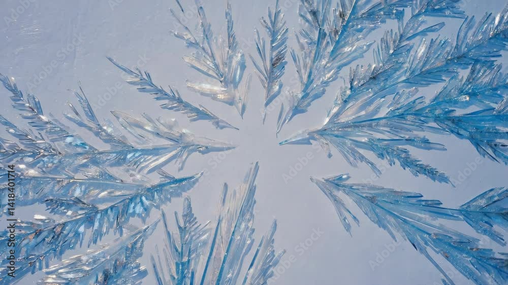 Close-up view of beautiful ice crystals resembling plant leaves on a light blue frozen background, creating intricate patterns and textures in winter Close-up view of beautiful ice crystals resembling plant leaves on a light blue frozen background, creating intricate patterns and textures in winter