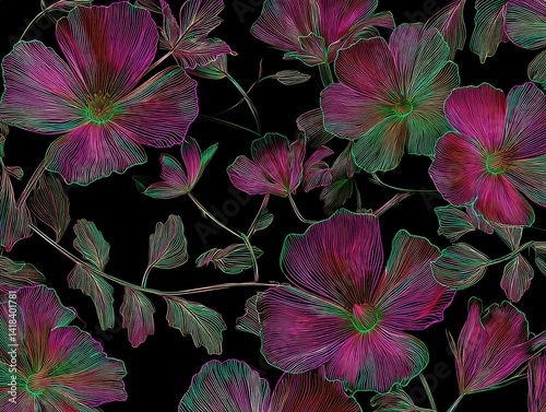 Floral Elegance: A captivating blend of vibrant purple and green flowers creates an enchanting visual symphony on a sleek black backdrop.