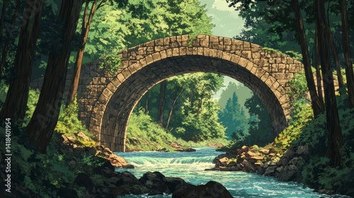 Arched stone bridge spanning a gently flowing river surrounded by dense foliage