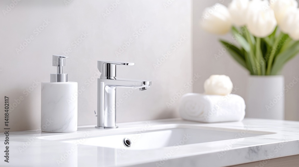 Fototapeta premium Modern bathroom sink and faucet with white tulips