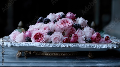 Elegant floral arrangement of pink roses, blackberries, and cherries on a decorative tray