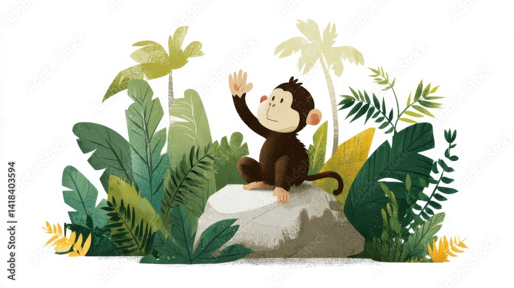A small monkey waves its hand while perched on a rock surrounded by lush green foliage. The vibrant jungle atmosphere adds a lively touch to the scene