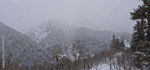 Obraz na płótnie Tibble Fork Loop winter storm snow views from hiking trail Lone Peak Wilderness Uinta Wasatch Cache National Forest, Rocky Mountains, Utah. United States. w salonie