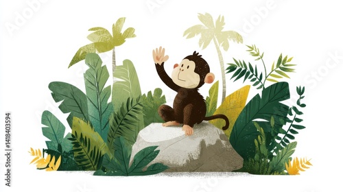 Obraz na płótnie A small monkey waves its hand while perched on a rock surrounded by lush green foliage. The vibrant jungle atmosphere adds a lively touch to the scene w salonie