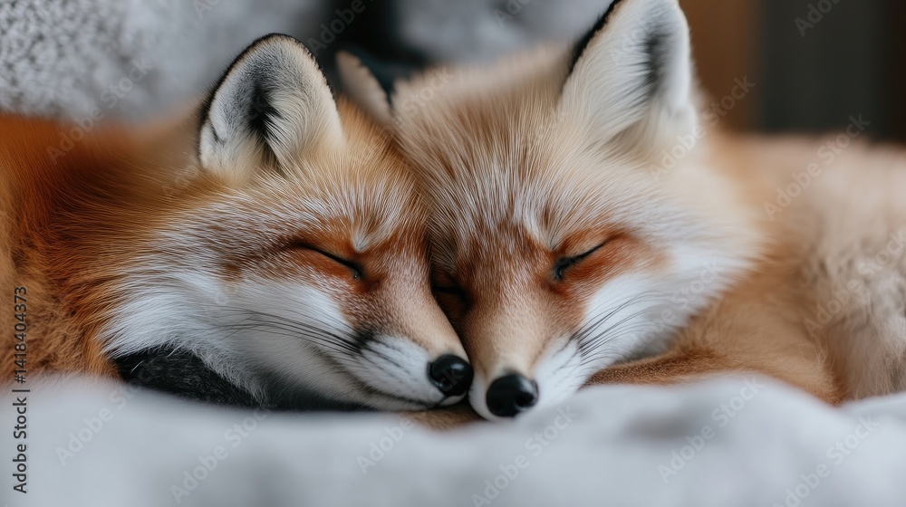 Fototapeta premium Two foxes cuddling close, resting peacefully on a soft blanket