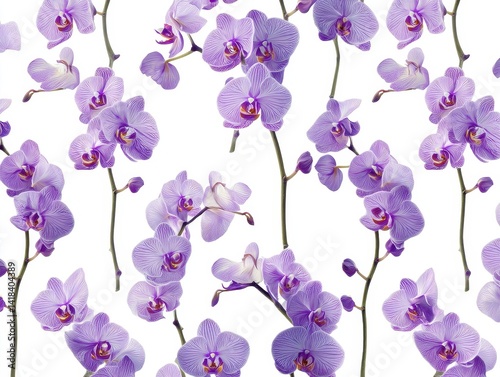 Exquisite floral design featuring delicate purple orchids on elegant stems, creating a seamless pattern against a pristine white background.