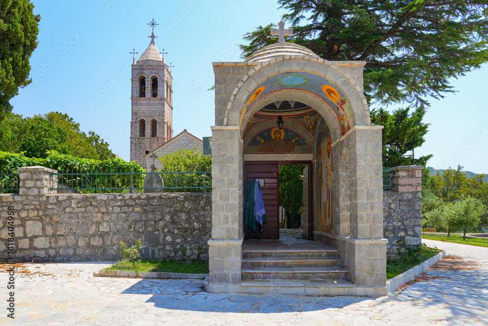 Gatehouse of the Reževići Monastery in Montenegro - Serbian orthodox monastery near Budva and the Adriatic Sea