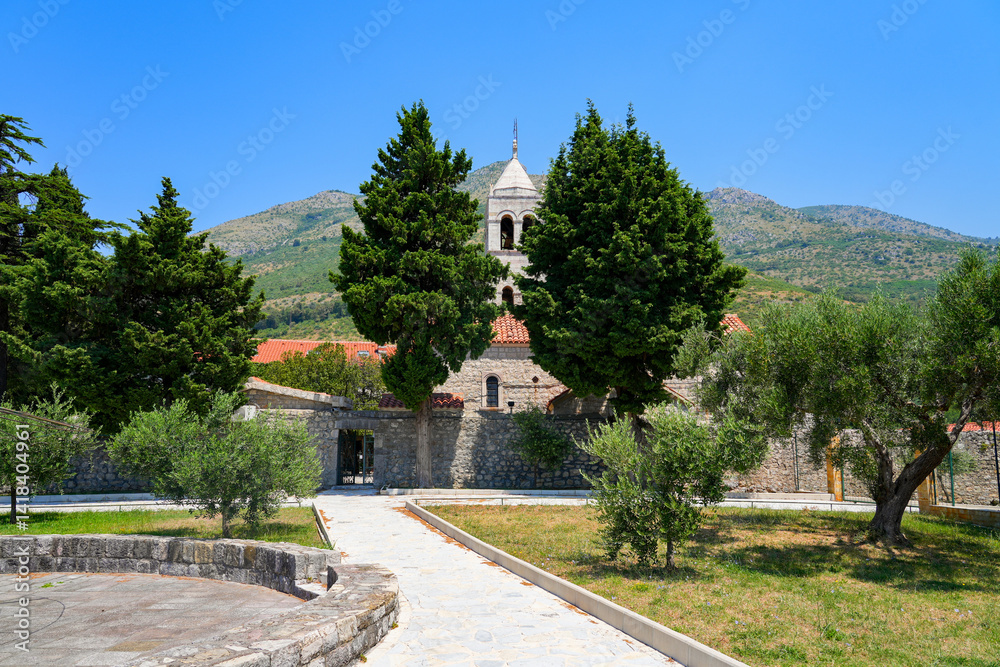 Reževići Monastery in Montenegro - Church of the Dormition of the Mother of God of the Serbian orthodox church near Budva and the Adriatic Sea