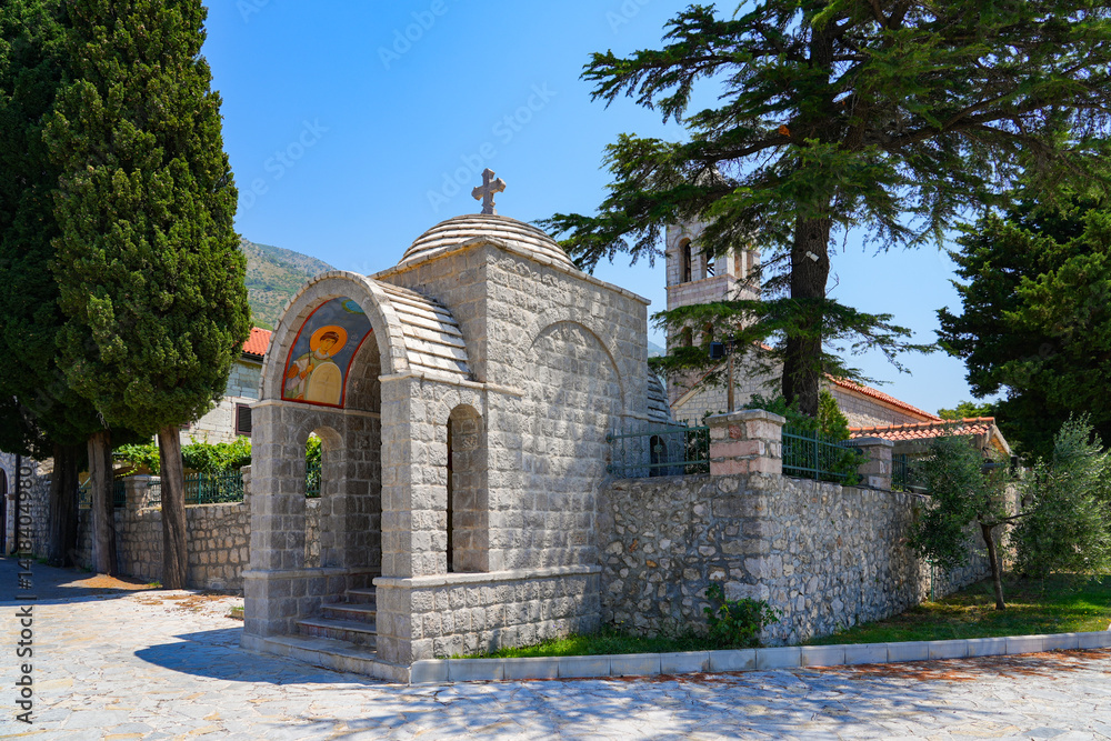 Gatehouse of the Reževići Monastery in Montenegro - Serbian orthodox monastery near Budva and the Adriatic Sea