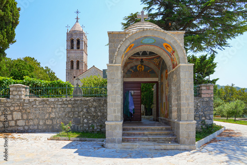 Obraz na płótnie Gatehouse of the Reževići Monastery in Montenegro - Serbian orthodox monastery near Budva and the Adriatic Sea w salonie