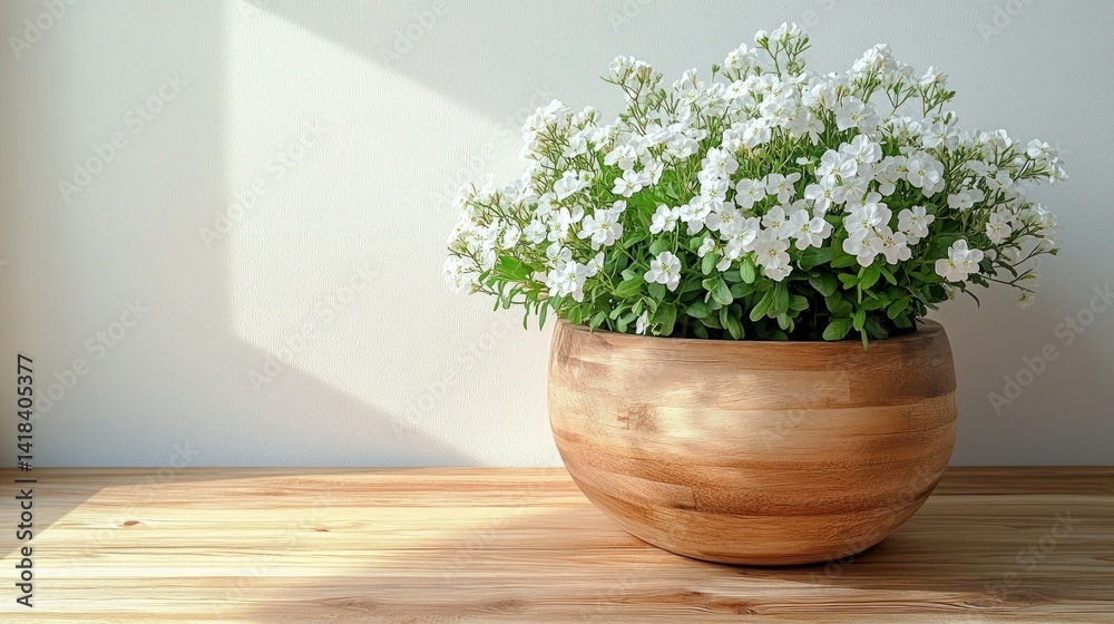 Fototapeta premium Wooden planter with small white flowers on a light wood surface. Sunlight highlights the plant