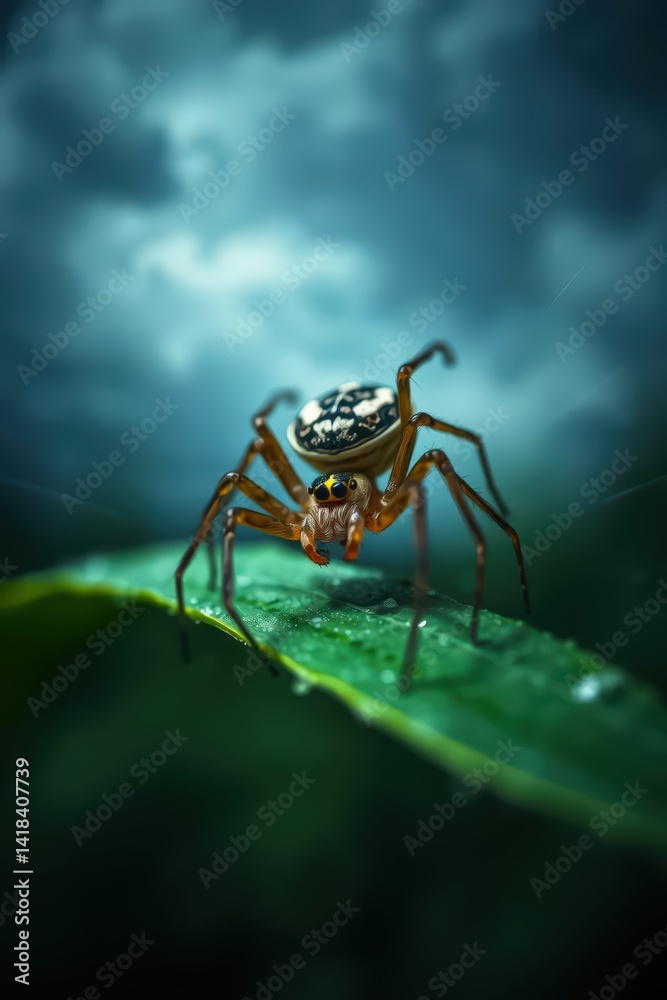 Fototapeta premium Close-up of a spider on a leaf in dramatic lighting.
