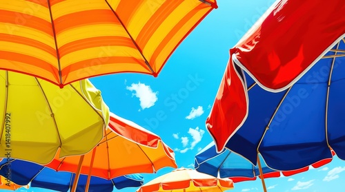 Colorful beach umbrellas against a bright blue sky.