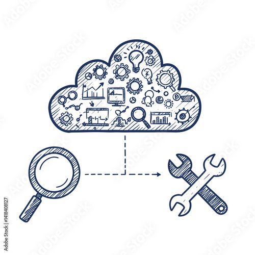 Unstructured Data Processing Vector Icon. Cloud with various data icons connected to a magnifying glass and wrenches, flexible data handling, isolated sketch for big data, analytics, information manag