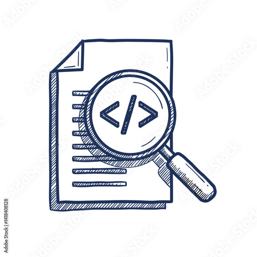 Source Code Analysis Vector Icon. Document with code brackets and magnifying glass, software review, isolated illustration for programming, quality assurance, debugging