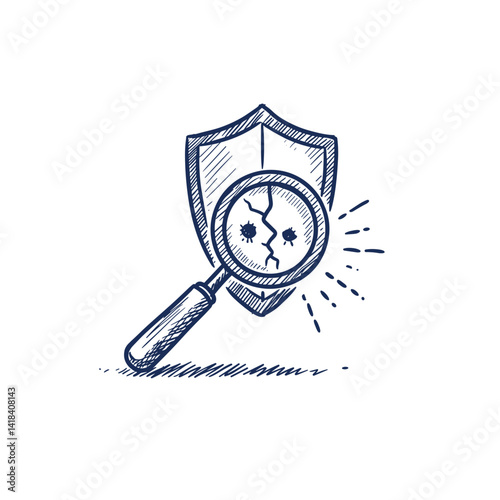 Vulnerability Scanner Vector Icon. Magnifying glass examining a cracked shield with holes, security assessment tool, isolated sketch for cybersecurity, network audit, risk management