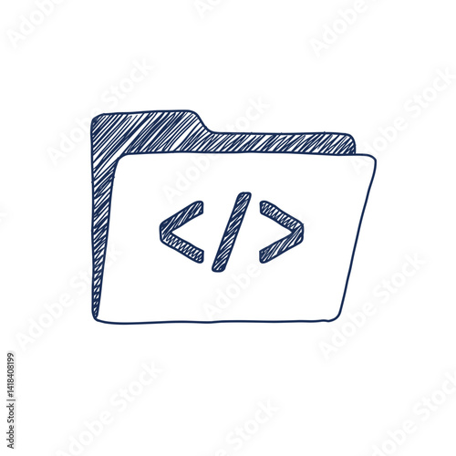 Code Repository Vector Icon. Folder with code brackets symbol, version control system, isolated sketch for software development, programming, collaborative coding