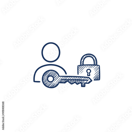 Permission Control Vector Icon. User icon with key and padlock, access rights management, isolated sketch for cybersecurity, data protection, IT administration