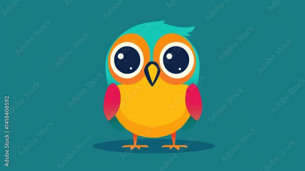 Obraz premium Colorful Cartoon Bird Illustration with Teal Background and Soft Shadow
