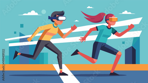 A tense moment between two opponents as they both reach for the finish line in a grueling VR marathon race.. Vector illustration