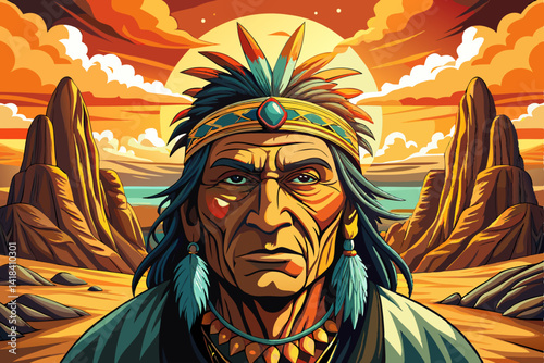 Portrait vector of Native American Indian Apache at sunset time, amazing Feather Headdress 